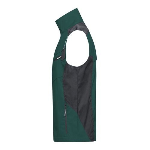 Chaleco de trabajo verde oscuro/negro de mezcla de polister y algodn con bolsillos con cremallera.