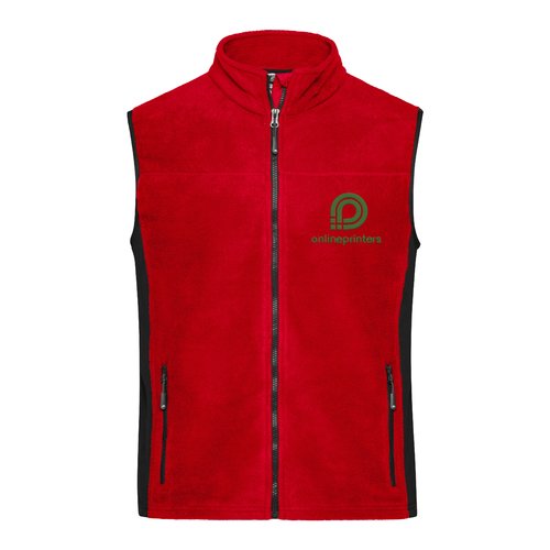 Chaleco polar rojo de polister con cremallera completa y bolsillos laterales.