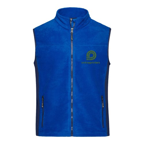 Chaleco polar de polister azul con cremallera completa y bolsillos laterales.