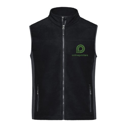 Chaleco polar de polister negro y gris con cremallera completa.