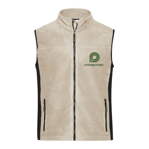 Chaleco polar beige con cremallera completa y bolsillos laterales.