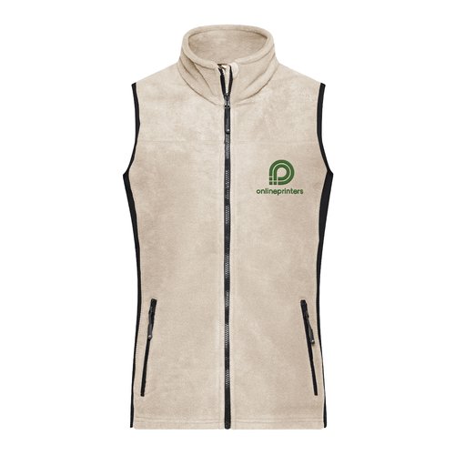 Chaleco polar beige de mujer con cremallera completa y bolsillos laterales.