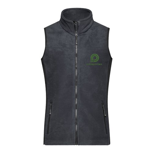 Chaleco polar de polister gris oscuro con cremallera completa y bolsillos laterales.