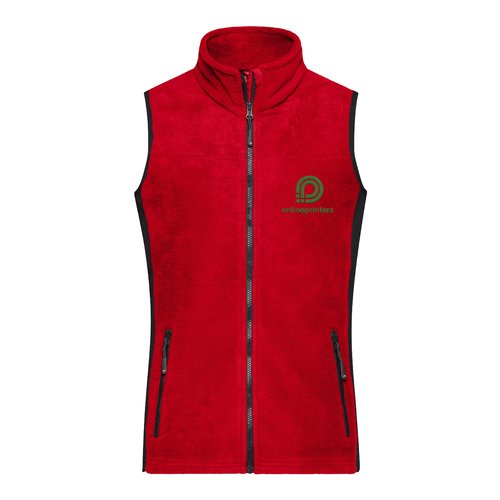 Chaleco polar rojo de polister para mujer con cremallera completa.