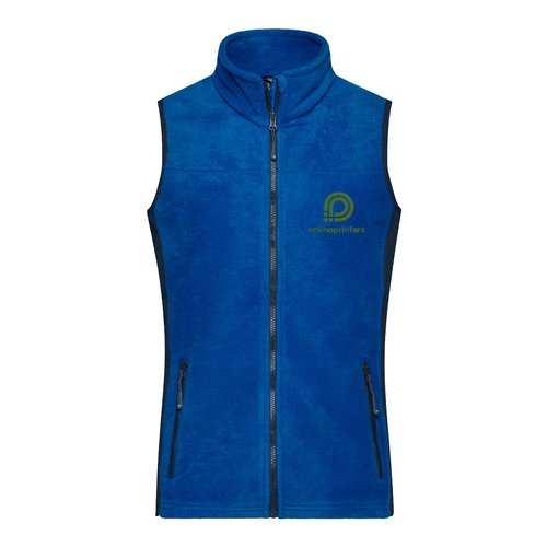 Chaleco polar de polister azul para mujer con cremallera completa y bolsillos.