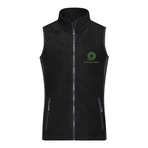 Chaleco polar de polister negro y gris con cremallera completa.