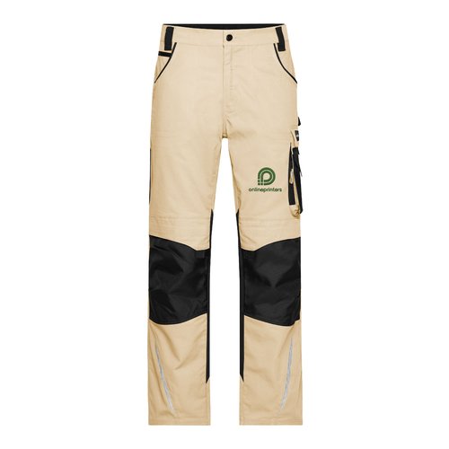 Pantalones de trabajo beige/negro en mezcla de poli�ster y algod�n con m�ltiples bolsillos.