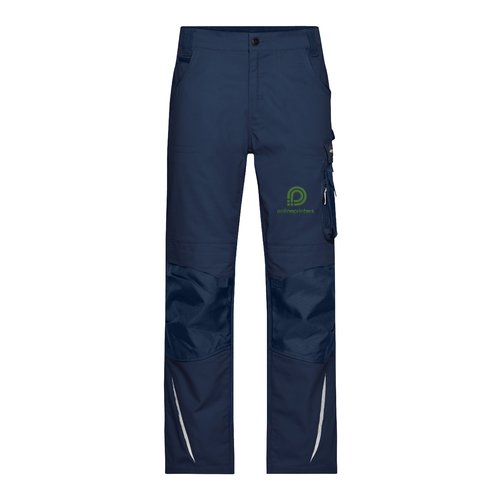 Pantalones de trabajo azul marino de poli�ster y algod�n con m�ltiples bolsillos.