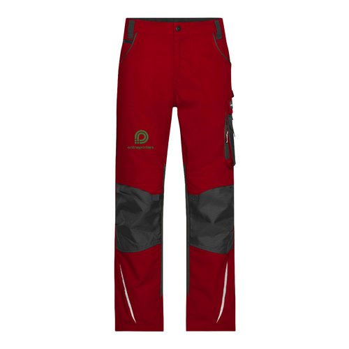 Pantalones de trabajo rojos y negros en mezcla de polister y algodn con mltiples bolsillos.