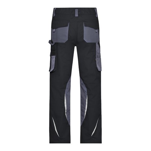 Pantalones de trabajo negros y grises de polister y algodn con mltiples bolsillos.