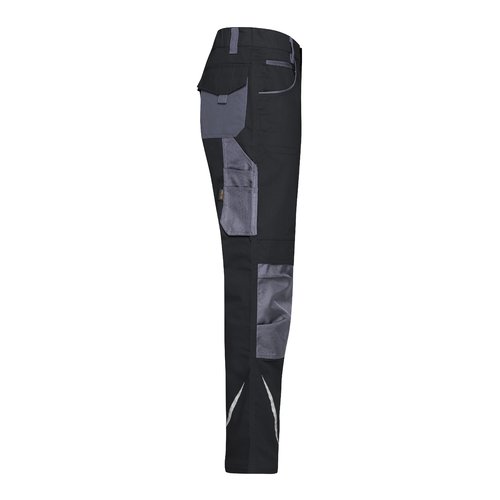 Pantaln de trabajo negro y gris de mezcla de polister y algodn con mltiples bolsillos.