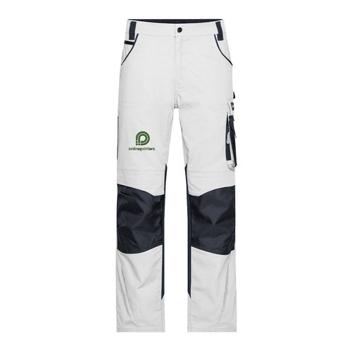 Pantalones de trabajo blancos/grises de polister y algodn con bolsillos.