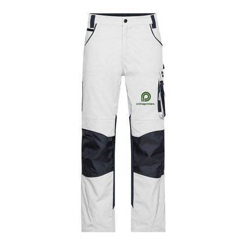 Pantalones de trabajo blancos/grises de poli�ster y algod�n con bolsillos y rodillas reforzadas.
