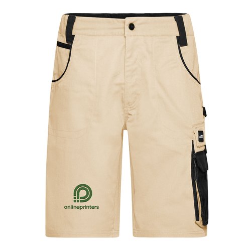 Pantalones cortos de trabajo beige/negro de polister y algodn con mltiples bolsillos.