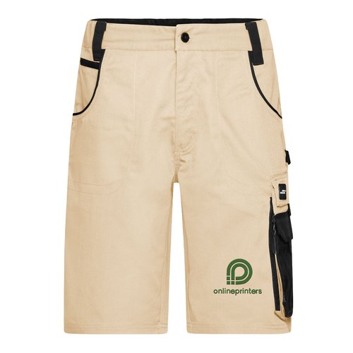 Pantalones cortos de trabajo beige/negro de mezcla de poli�ster y algod�n con m�ltiples bolsillos.