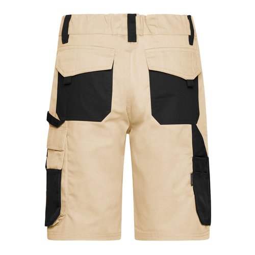 Pantalones cortos de trabajo beige/negro en mezcla de algodn con mltiples bolsillos.
