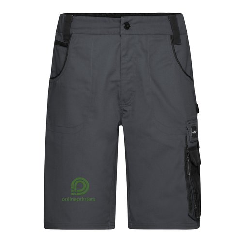 Pantalones cortos de trabajo gris oscuro de mezcla de polister y algodn con mltiples bolsillos.