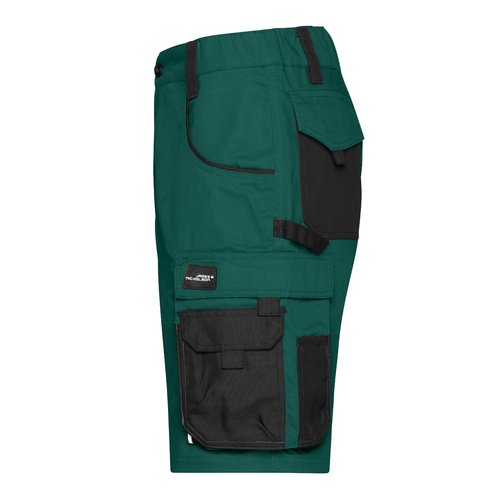 Pantalones cortos de trabajo verde oscuro/negro en mezcla de polister y algodn con mltiples bolsillos.