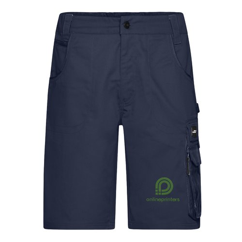 Pantalones cortos de trabajo azul marino de mezcla de poli�ster y algod�n con m�ltiples bolsillos.
