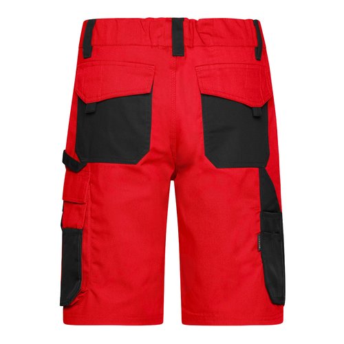 Pantalones cortos de trabajo rojos y negros hechos de mezcla de polister y algodn con mltiples bolsillos.