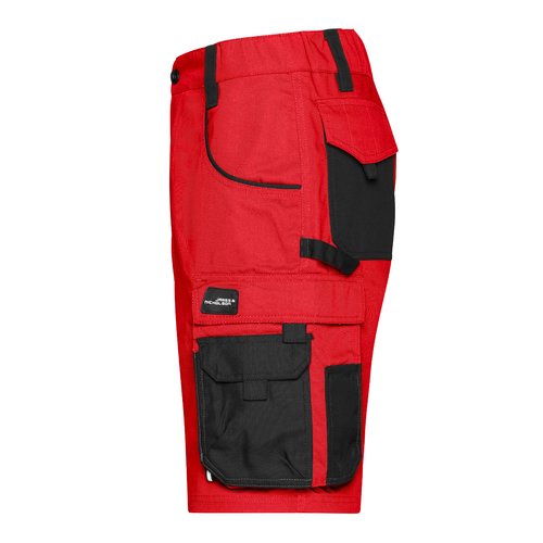 Pantalones cortos de trabajo rojos/negros de mezcla de polister y algodn con mltiples bolsillos.