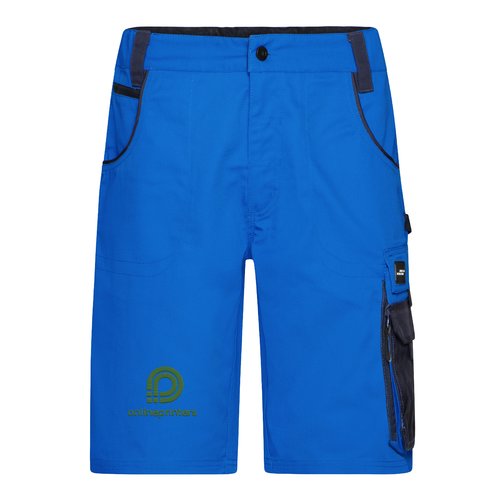 Pantalones cortos de trabajo azules de mezcla de polister y algodn con bolsillos.