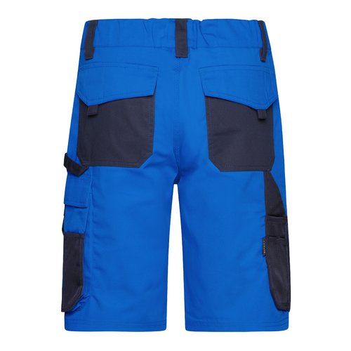 Pantalones cortos de trabajo azules de mezcla de polister y algodn con mltiples bolsillos.