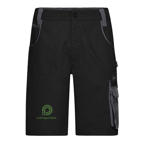 Pantalones cortos de trabajo negros y grises de mezcla de polister y algodn con mltiples bolsillos.