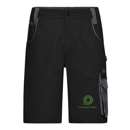 Pantalones cortos de trabajo negros y grises de mezcla de poli�ster y algod�n con m�ltiples bolsillos.