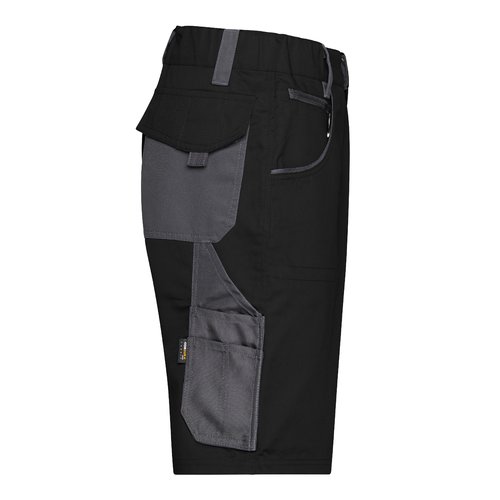 Pantalones cortos de trabajo negros y grises de polister y algodn con mltiples bolsillos.