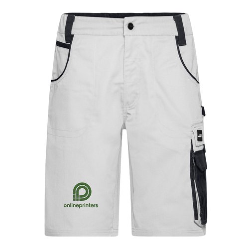 Pantalones cortos de trabajo blancos y grises de mezcla de polister y algodn con mltiples bolsillos.