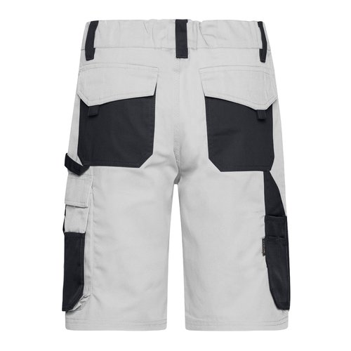 Pantalones cortos de trabajo blancos y grises de mezcla de polister y algodn con mltiples bolsillos.