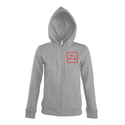 Chaqueta de ch�ndal gris para mujer con capucha y cremallera completa.