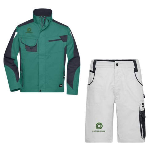 Ropa de trabajo verde y blanca con bolsillos.