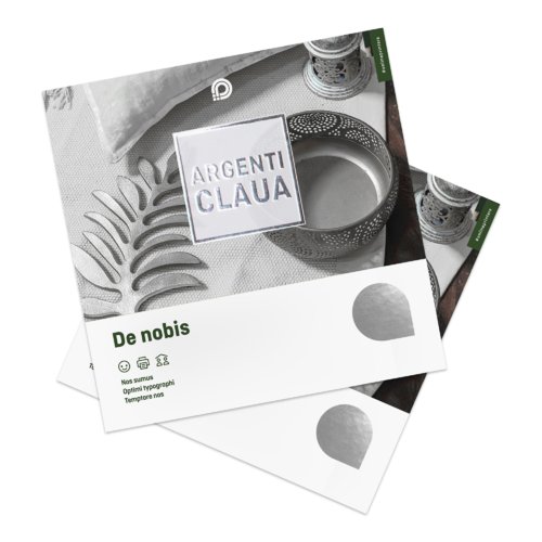 Tarjetas plegables de papel en formato vertical con estampado en lmina caliente.
