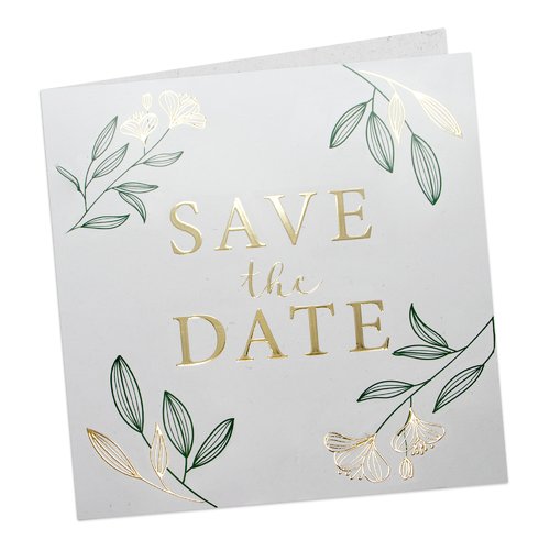 Tarjeta de boda de papel con estampado parcial en caliente.
