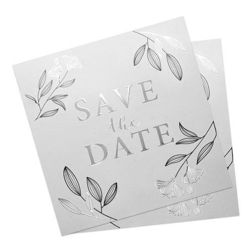 Tarjeta de boda cuadrada de papel con estampado parcial en lmina caliente.