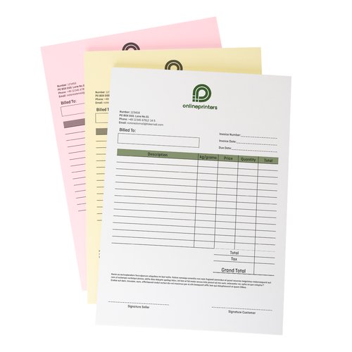 Pilas de formularios autocopiativos en formato vertical con papel rosa, amarillo y blanco