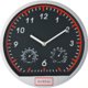 Reloj de pared plateado con indicador de temperatura y humedad.