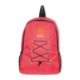 Mochila roja con cierre de cordn y bolsillo exterior.