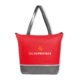 Bolsa nevera roja no tejida con cremallera y asas de transporte.
