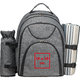 Mochila de picnic gris con soporte para botella y soporte para manta.