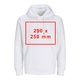 Sudadera unisex blanca de tela con capucha y bolsillo canguro.
