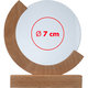 Trofeo de madera con base de madera y superficie redonda transparente.