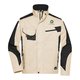 Chaqueta de trabajo beige/negra de polister y algodn con cuello alzado y varios bolsillos.