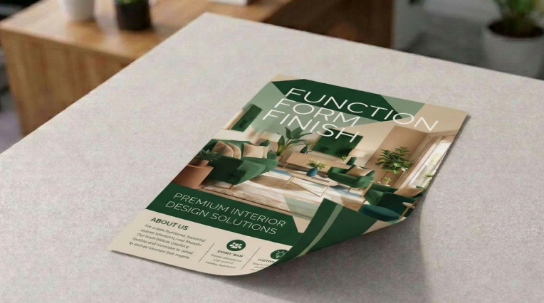 Imagen Flyer con diseño verde de interiorismo sobre una mesa, con una esquina levantada que muestra el reverso impreso.