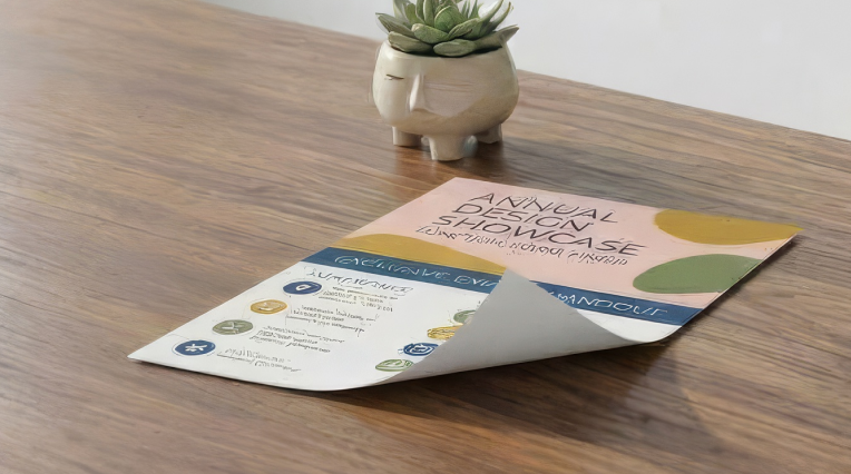 Imagen Flyer de un evento de diseño sobre una mesa de madera, con la esquina doblada y el reverso en blanco.