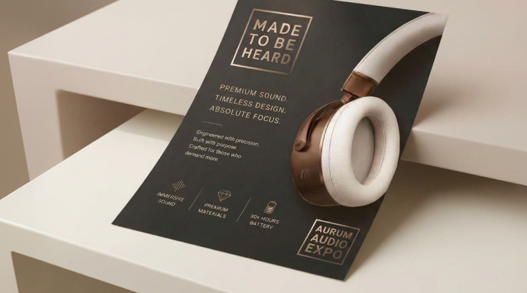 Imagen Flyer negro con textos en dorado brillante y la foto de unos auriculares blancos.