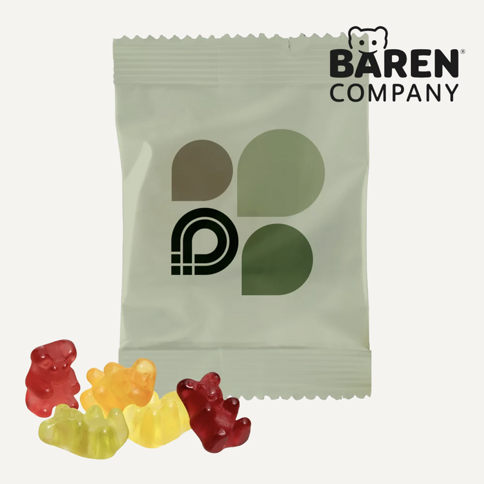 Imagen Ositos de gominola delante de una bolsita publicitaria impresa con logo
