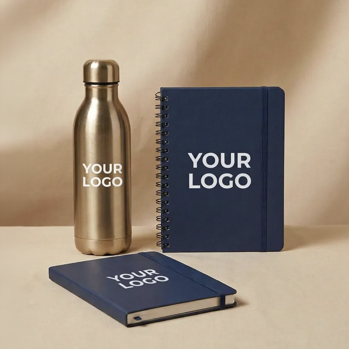 Imagen Botella y libretas con logo